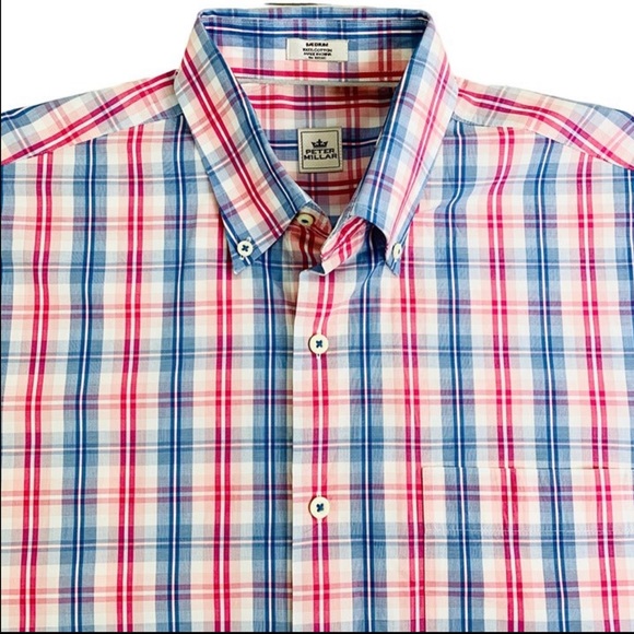 COPY - Peter Millar Short Sleeve Pink and Blue size medium dress shirt - Picture 1 of 3